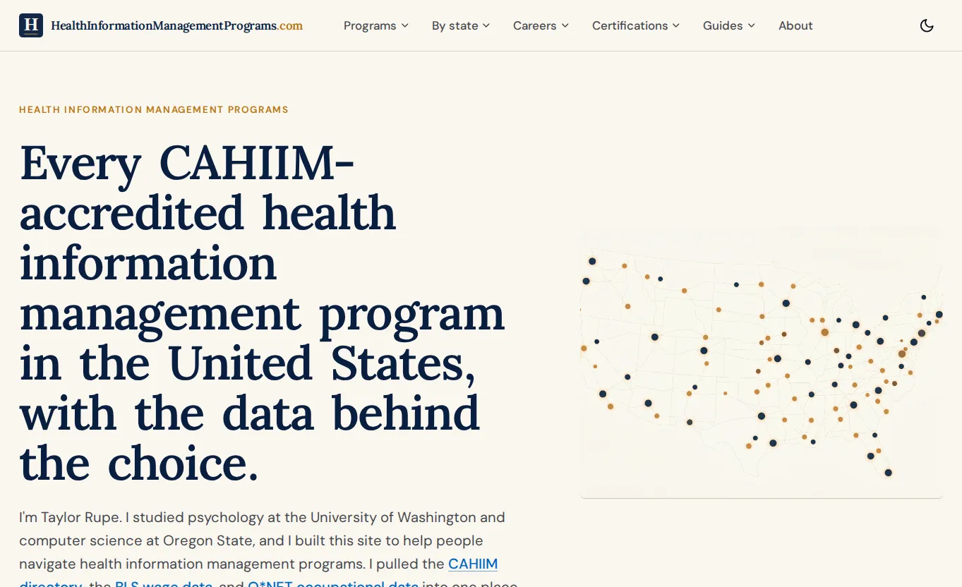 HealthInformationManagementPrograms.com homepage hero with a US map dot illustration and editorial serif heading