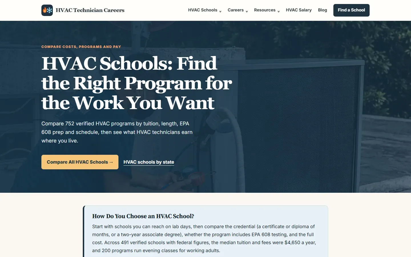 HVAC Technician Careers homepage with the headline HVAC Schools: Find the Right Program for the Work You Want and a line offering to compare 752 verified HVAC programs