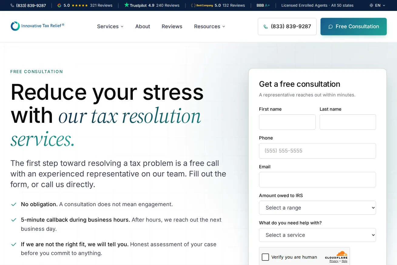 Innovative Tax Relief free consultation request page with the lead form