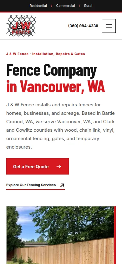 The new J & W Fence site on a phone, with the fence company headline, phone number and quote button on the first screen