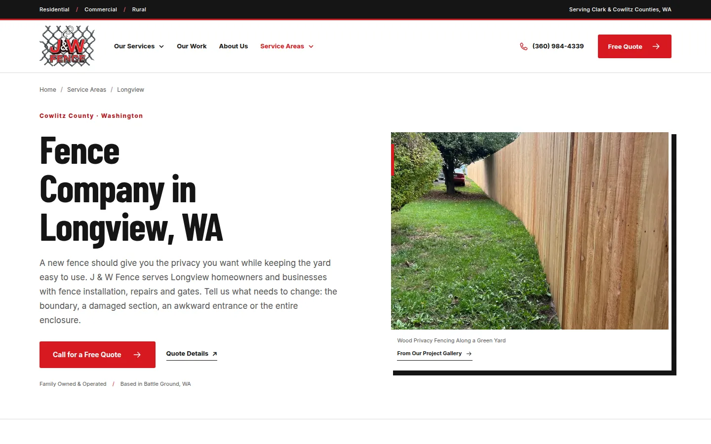 J & W Fence Longview, WA page with a wood privacy fence photo and a call for a free quote button