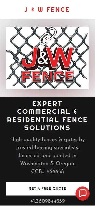 The old J & W Fence site on a phone, with the logo filling the first screen and a chat bubble over the quote button