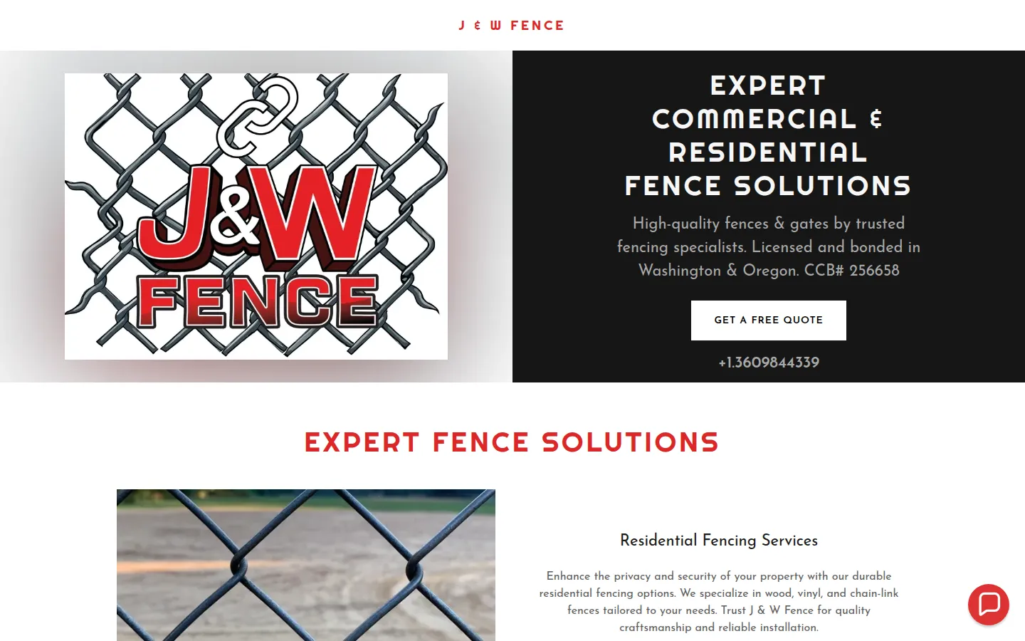 The old J & W Fence GoDaddy homepage: a large logo on the left, a black panel reading Expert Commercial and Residential Fence Solutions, and a stock chain-link photo