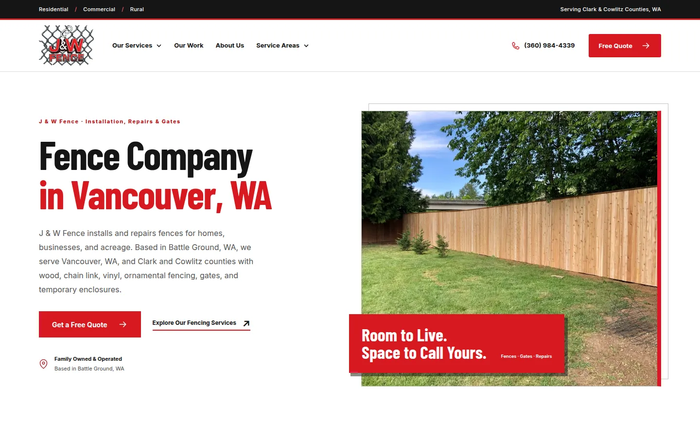 J & W Fence homepage: fence company in Vancouver, WA, with a new cedar privacy fence photo and a free quote button