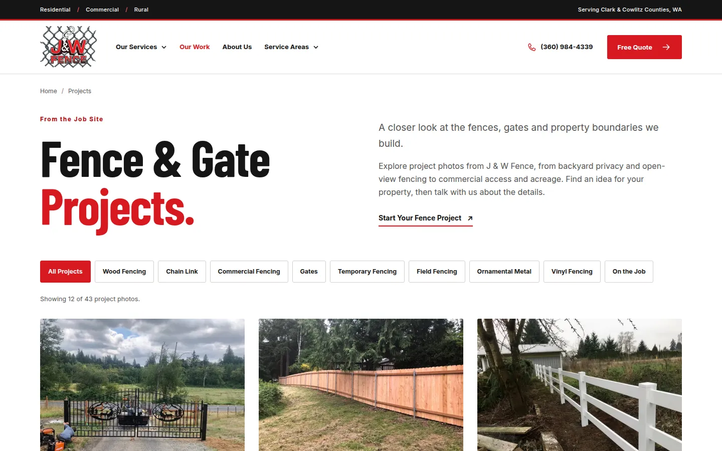 J & W Fence projects page with fence type filters above photos of a metal driveway gate, a wood privacy fence and a white vinyl rail fence