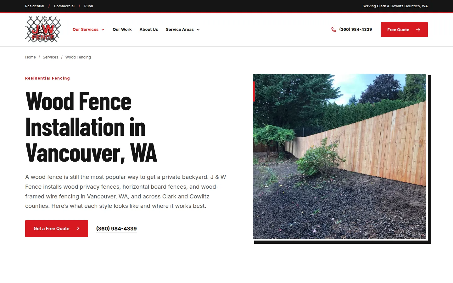 J & W Fence wood fence installation page with a photo of a new cedar privacy fence along a backyard