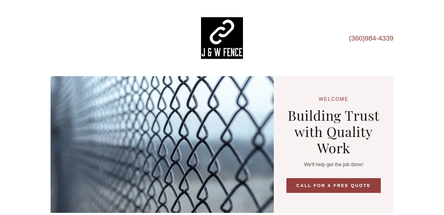 The J & W Fence website in September 2025 as archived by the Wayback Machine: a stock chain-link photo beside the headline Building Trust with Quality Work