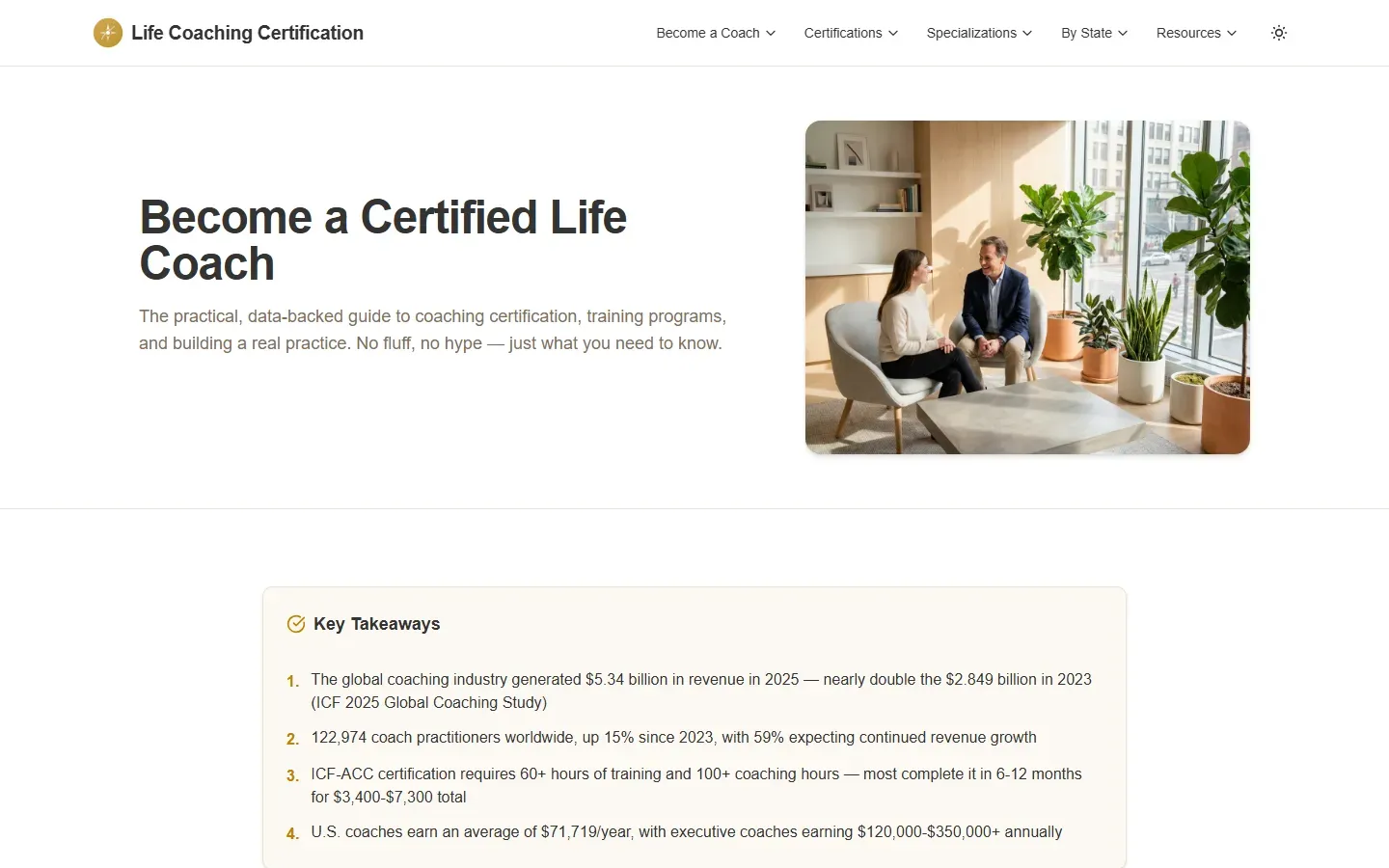 Life Coaching Certification homepage with the headline Become a Certified Life Coach beside a photo of a coaching session, above a Key Takeaways box citing the ICF 2025 Global Coaching Study