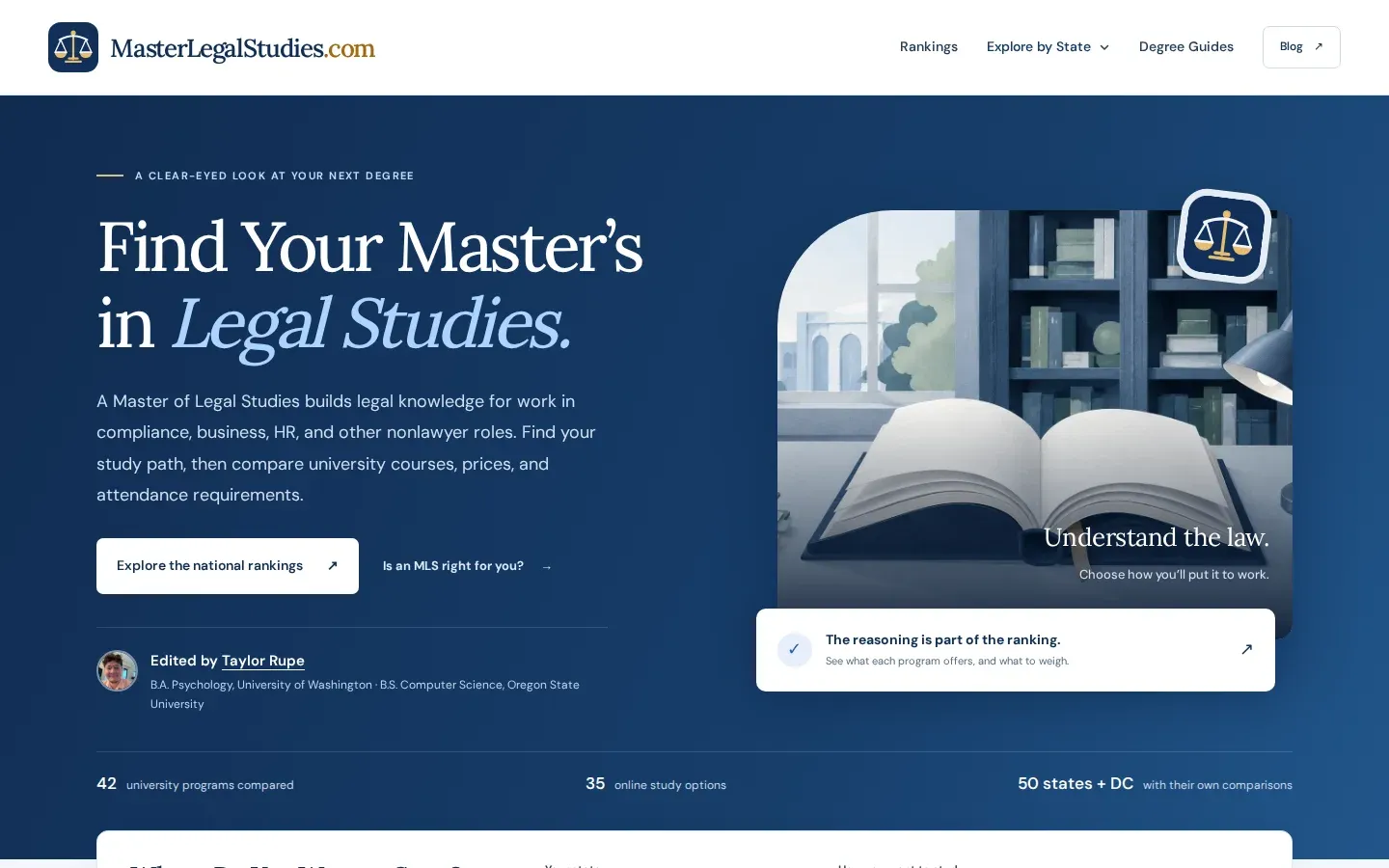 Master Legal Studies homepage with its legal studies finder, university program counts, and illustrated law library