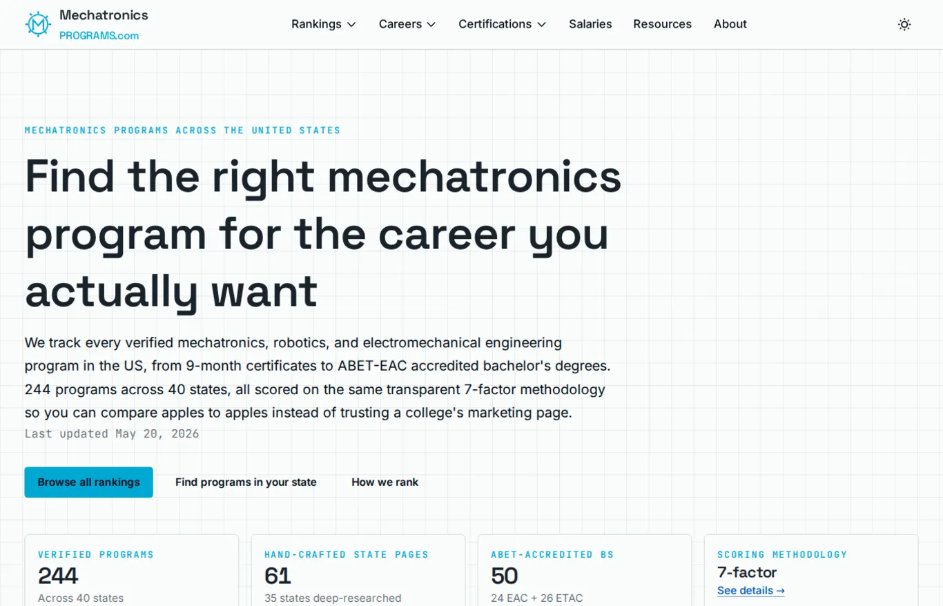 MechatronicsPrograms.com website screenshot