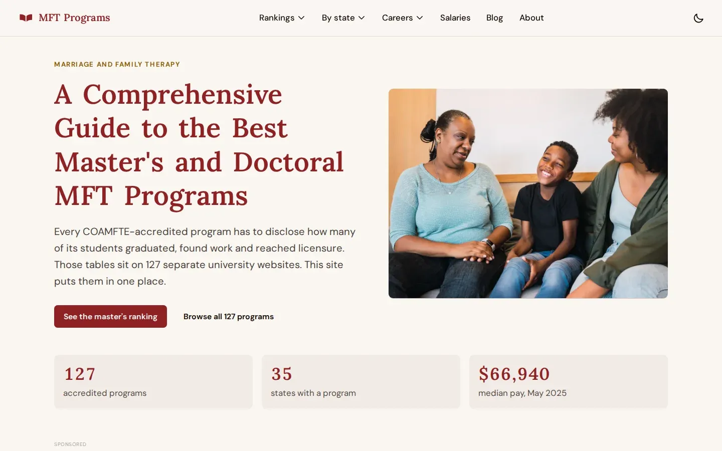 MFT Programs homepage with marriage and family therapy program discovery and accreditation context