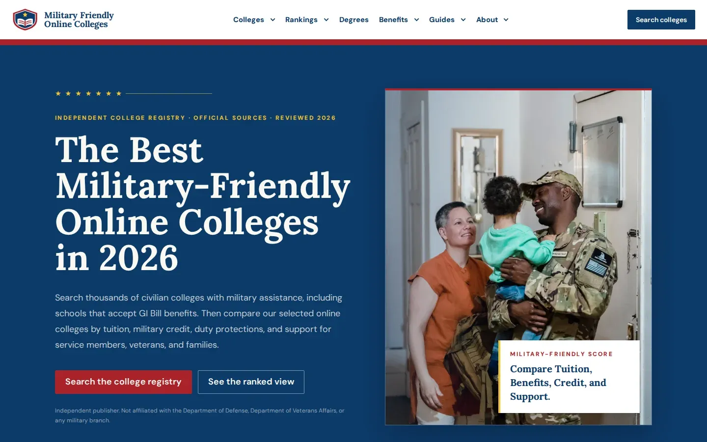 Military Friendly Online Colleges homepage with a military family photograph, college directory, and research statistics