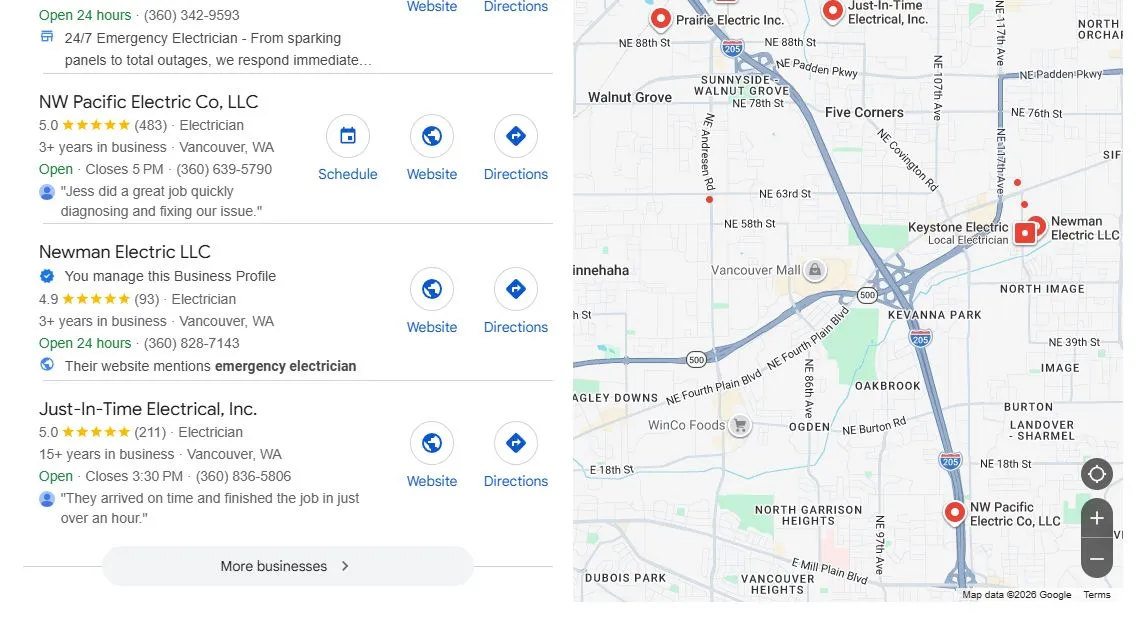 Google local map results showing Newman Electric and other electricians in Vancouver Washington