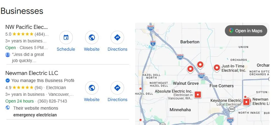 Google Map Pack showing Savo Group client Newman Electric ranked for emergency electrician near Vancouver, WA