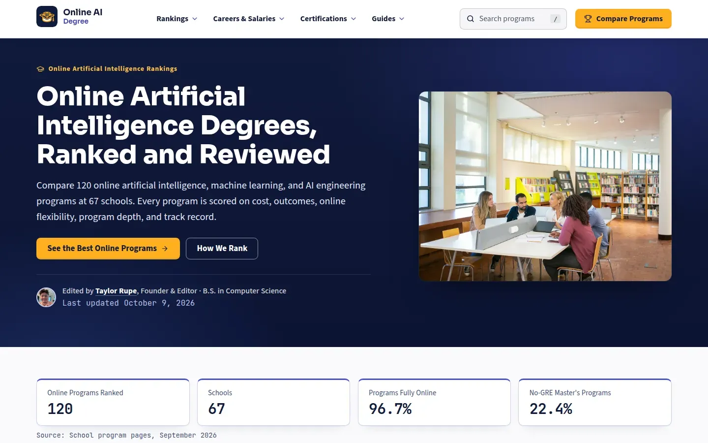 Online AI Degree homepage with the headline Online Artificial Intelligence Degrees, Ranked and Reviewed, a campus study photo, and stat cards for 120 programs and 67 schools