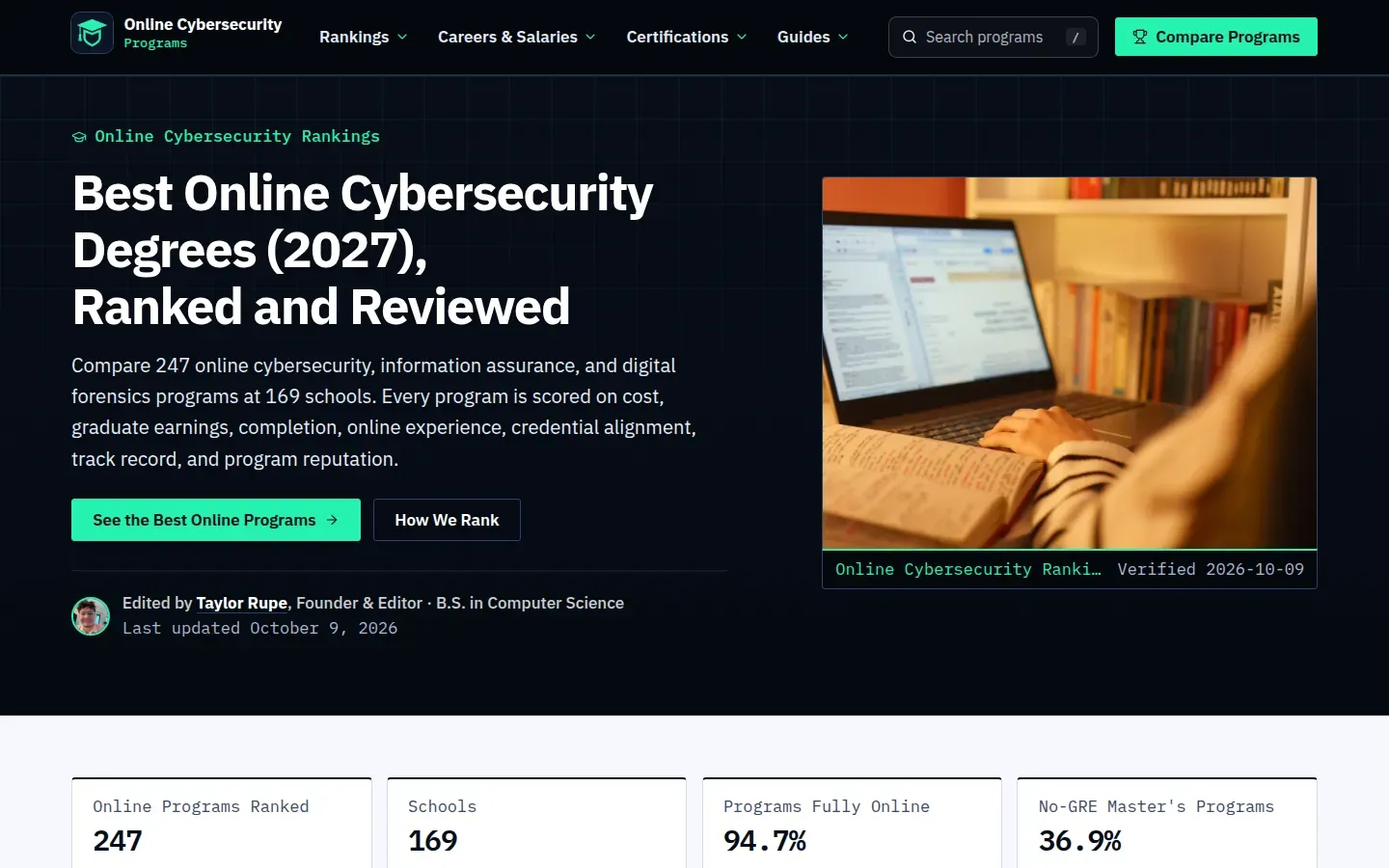 Online Cybersecurity Programs homepage with the headline Best Online Cybersecurity Degrees, a laptop photo, and the count of 247 ranked programs