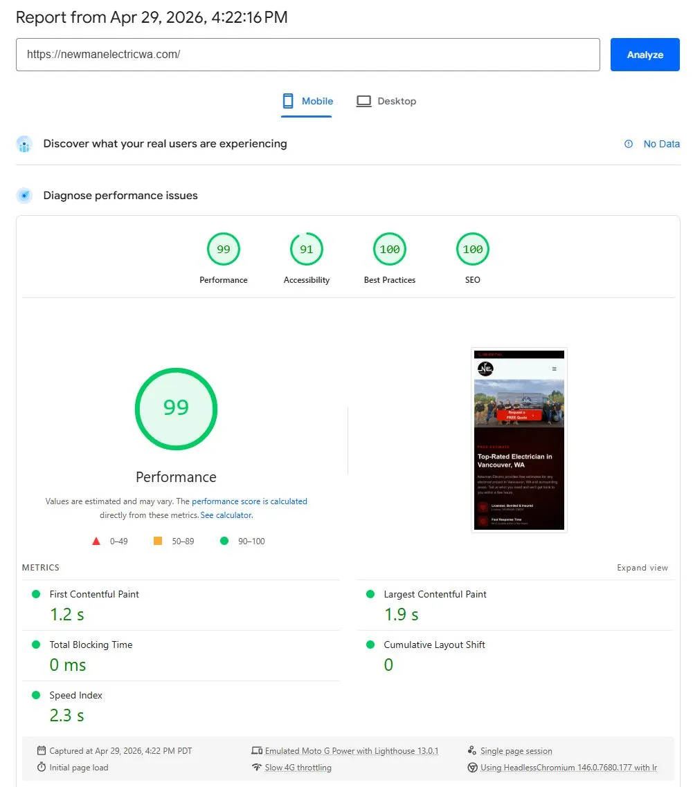Google PageSpeed Insights mobile report for Newman Electric: Performance 99, Accessibility 91, Best Practices 100, SEO 100