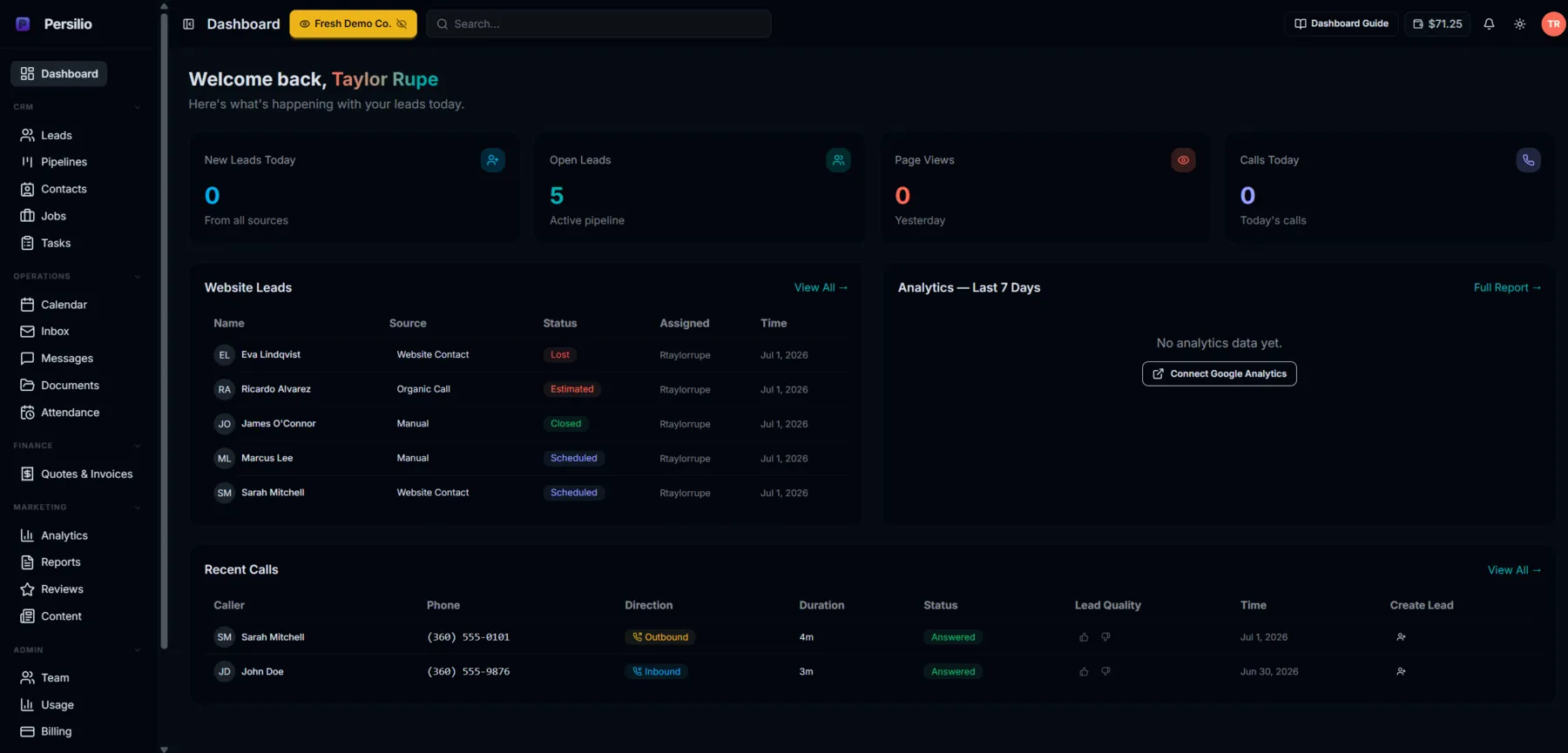 Persilio dashboard showing website leads with sources and statuses, recent calls with durations, and analytics