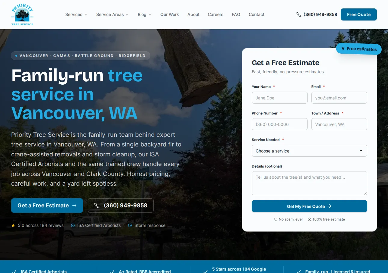 Priority Tree Service website homepage screenshot