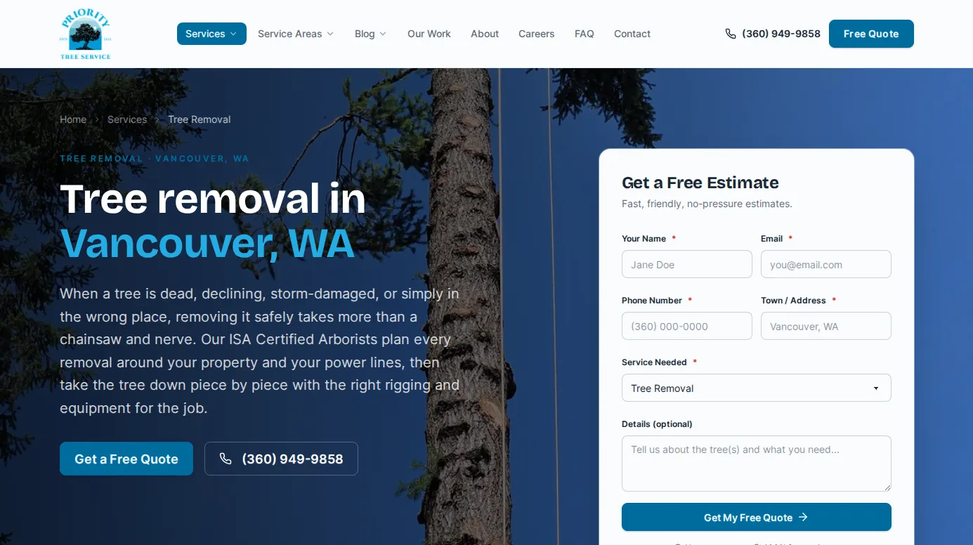 Priority Tree Service tree removal service page