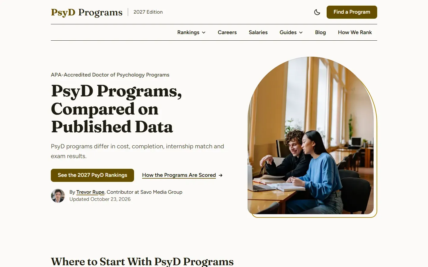 PsyD Programs homepage with the headline PsyD Programs, Compared on Published Data, a See the 2027 PsyD Rankings button, a How the Programs Are Scored link, and a photo of two students studying at a laptop