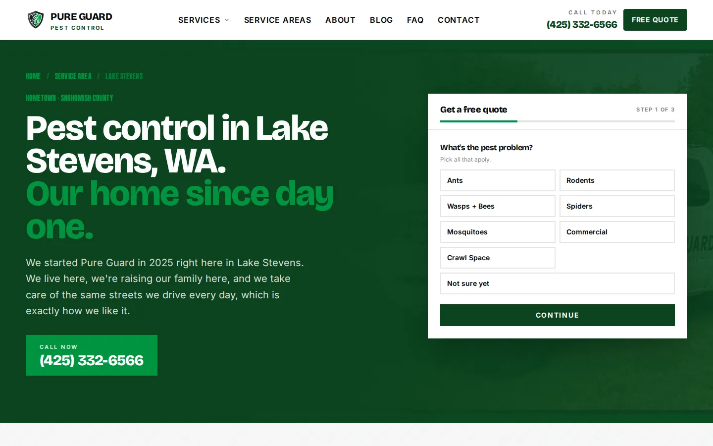 Pure Guard Lake Stevens service area page with a deep green hero and a three-step quote form asking which pests the visitor is dealing with