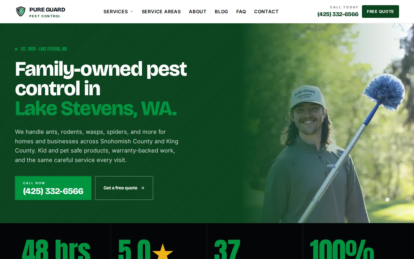 Pure Guard Pest Control homepage with a technician in a branded cap holding a cobweb duster beside the headline Family-owned pest control in Lake Stevens, WA