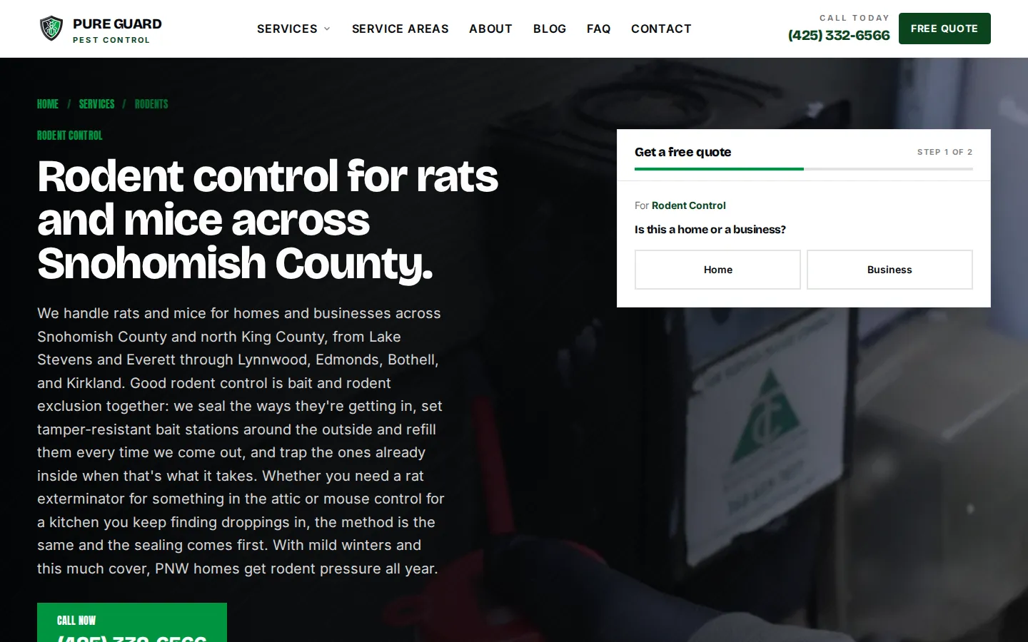Pure Guard rodent control service page showing a dark hero, bait station photography, and a two-step quote form asking whether the property is a home or a business