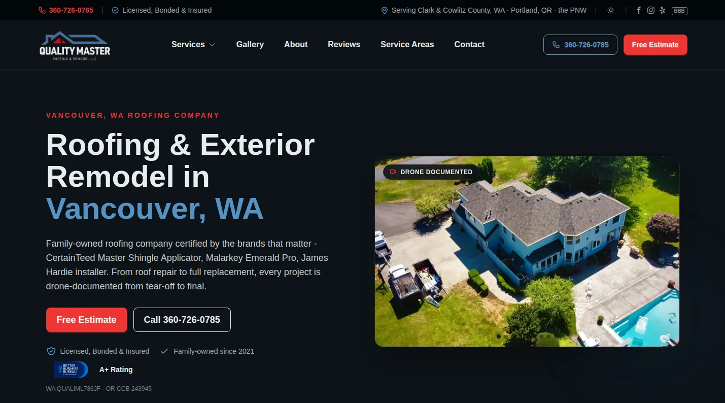 Quality Master Roofing & Remodel website homepage screenshot