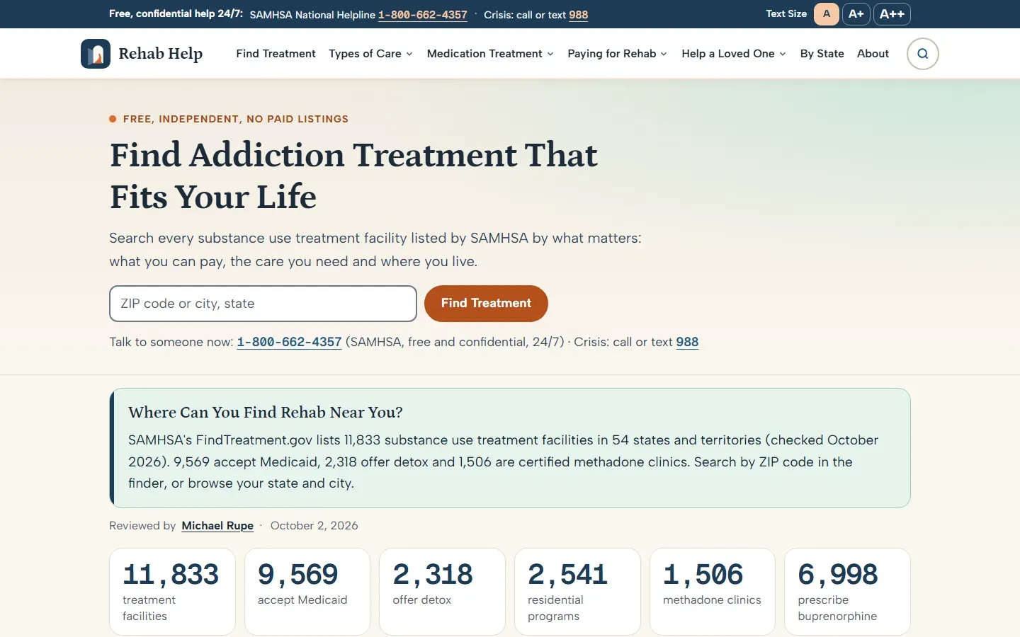 Rehab Help homepage with the headline Find Addiction Treatment That Fits Your Life, a ZIP code search, the SAMHSA helpline number, and counts of 11,833 treatment facilities and 9,569 that accept Medicaid