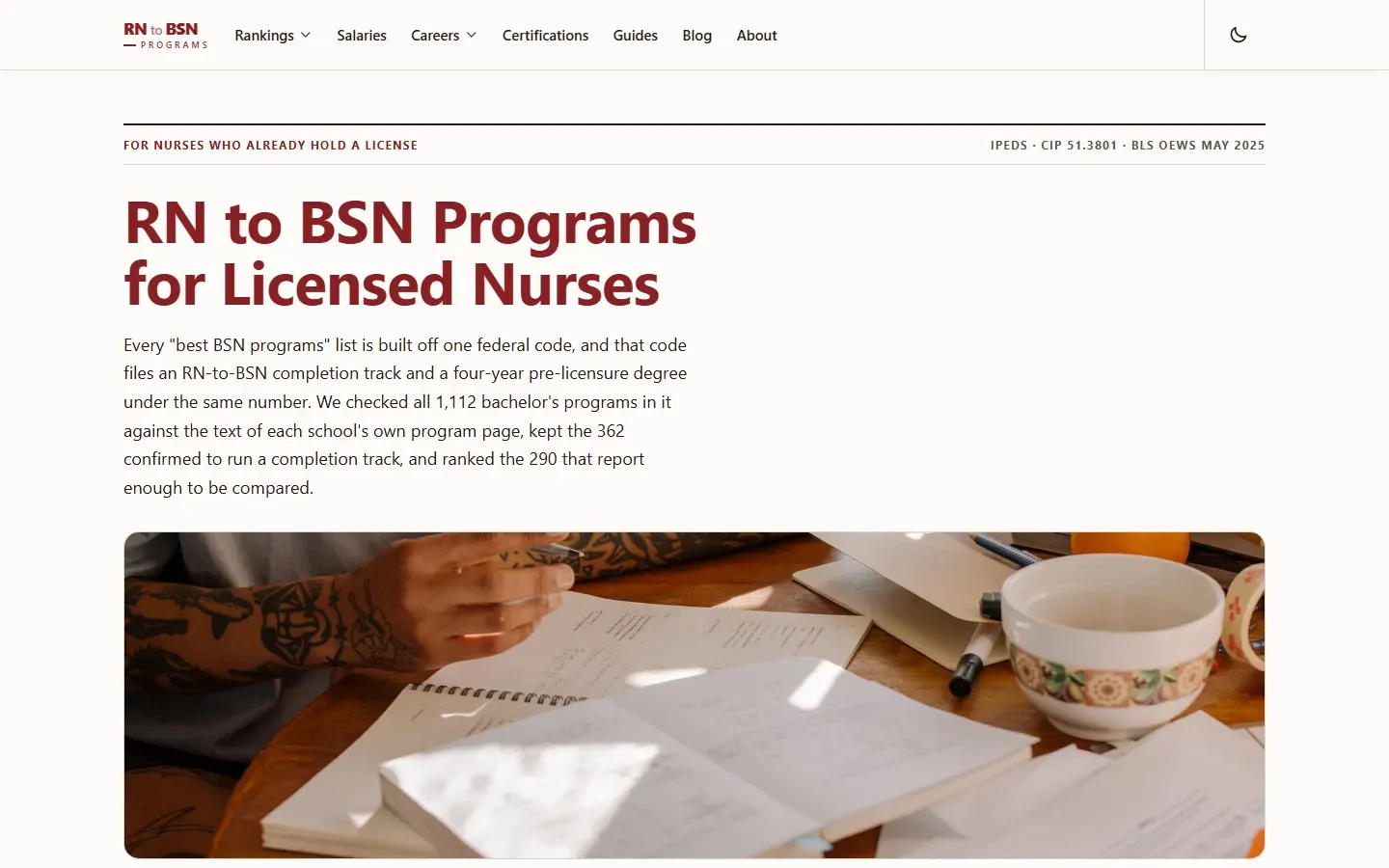 RN to BSN Programs homepage with the headline RN to BSN Programs for Licensed Nurses, an IPEDS CIP 51.3801 and BLS OEWS May 2025 source line, and an intro explaining that 1,112 programs were checked and 362 confirmed