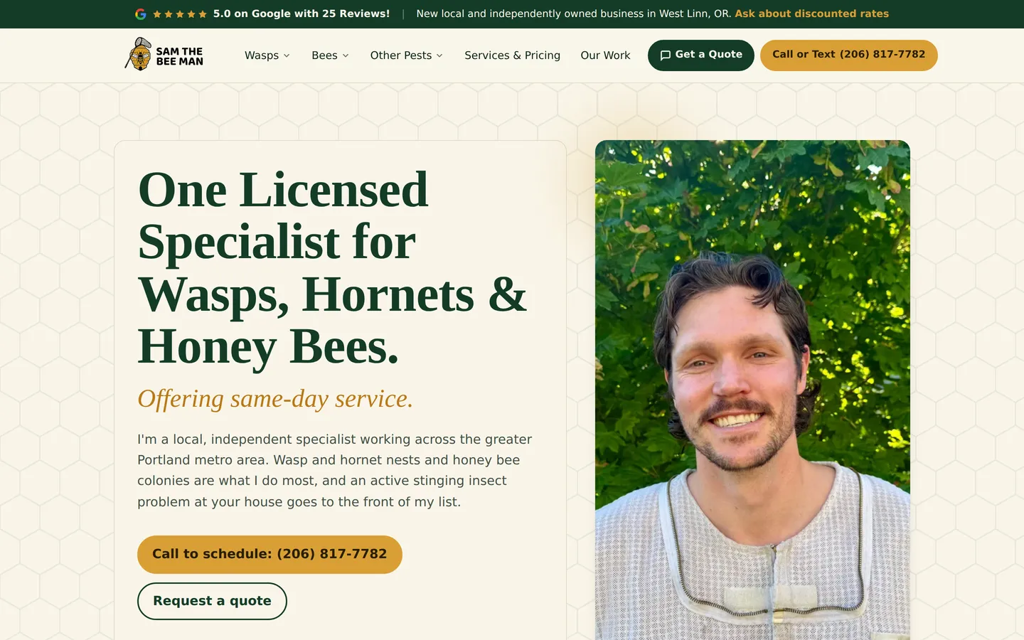 Sam The Bee Man bee and wasp removal website homepage