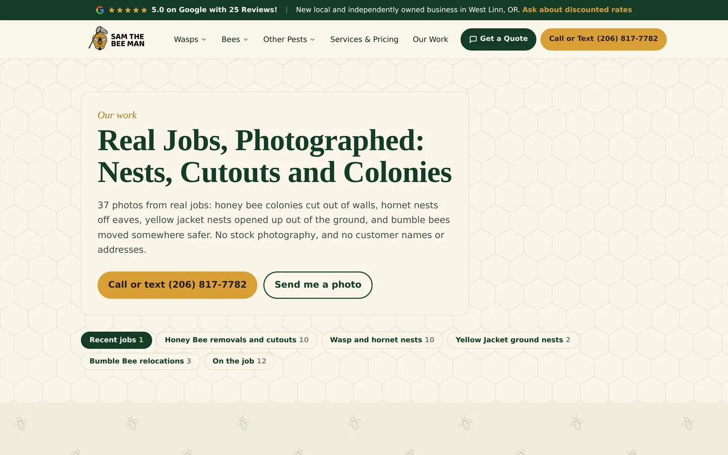 Sam The Bee Man Our Work page headlined Real Jobs Photographed: Nests, Cutouts and Colonies, with filter pills for honey bee cutouts, wasp and hornet nests, yellow jacket ground nests and bumble bee relocations