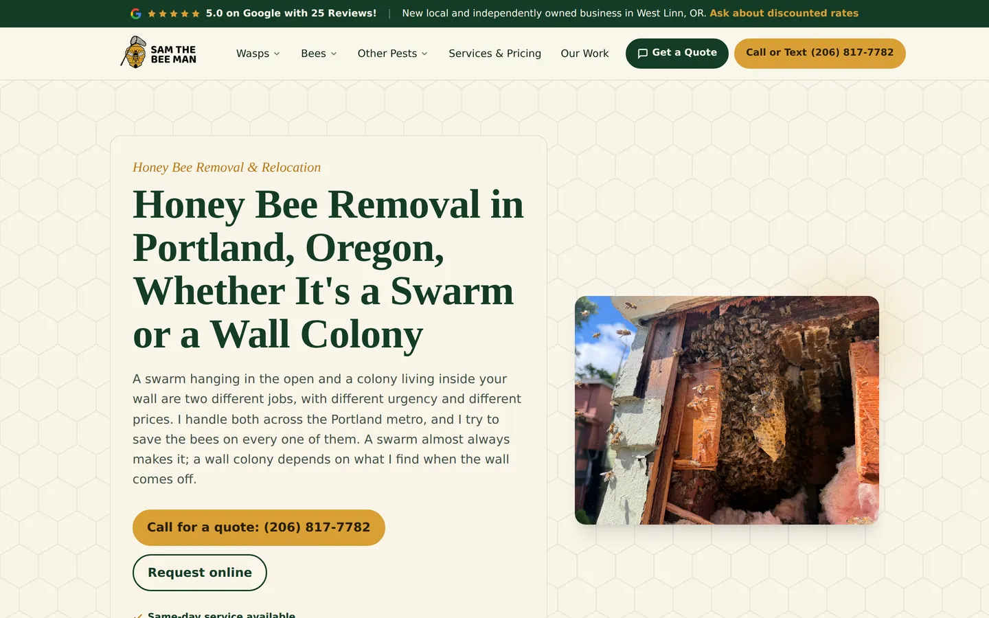 Sam The Bee Man honey bee removal page, headlined Honey Bee Removal in Portland Oregon Whether It's a Swarm or a Wall Colony, beside a photograph of an opened wall full of comb