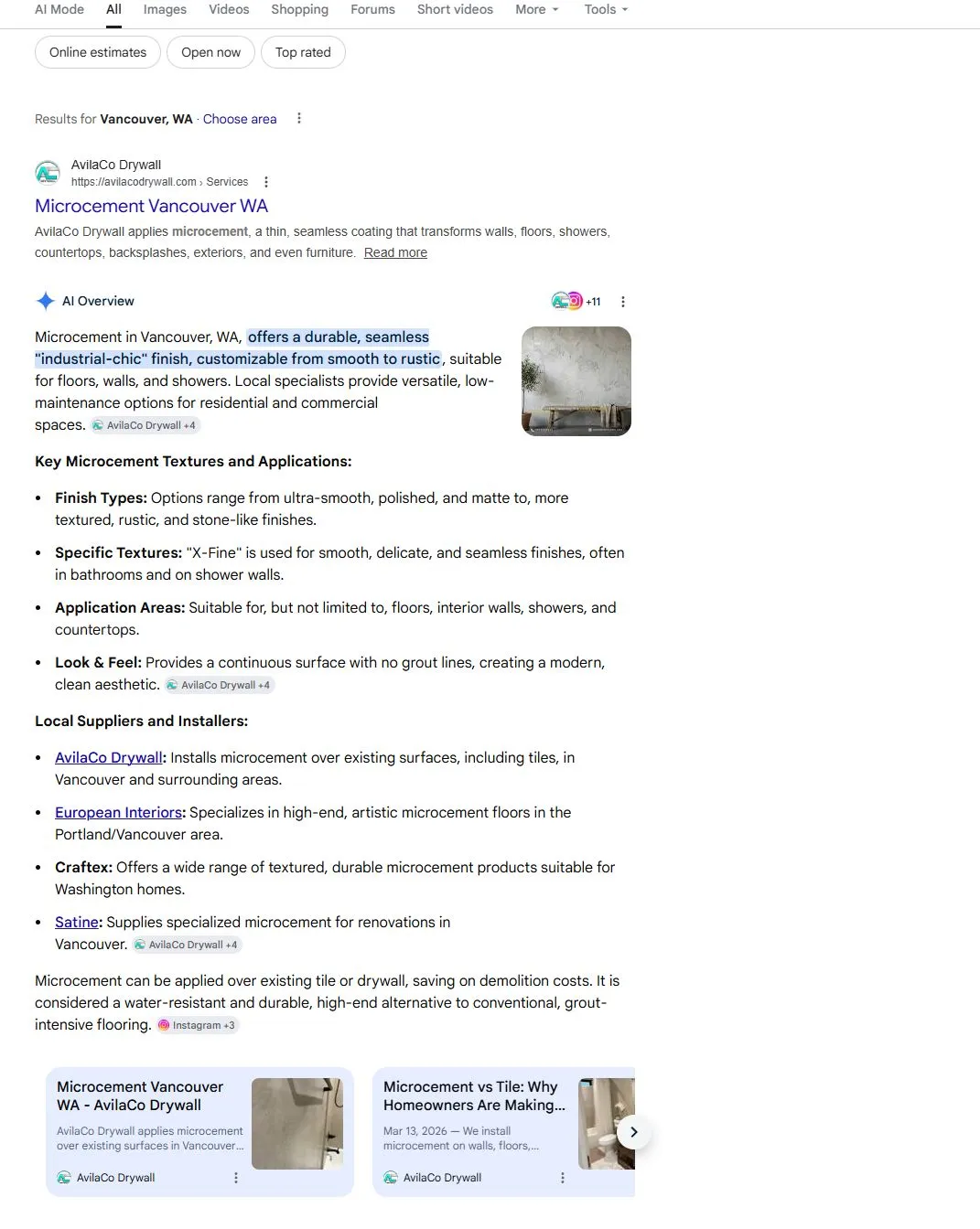 Google search results for 'microcement Vancouver WA' showing AvilaCo Drywall as the first organic result and cited as the primary source in Google's AI Overview
