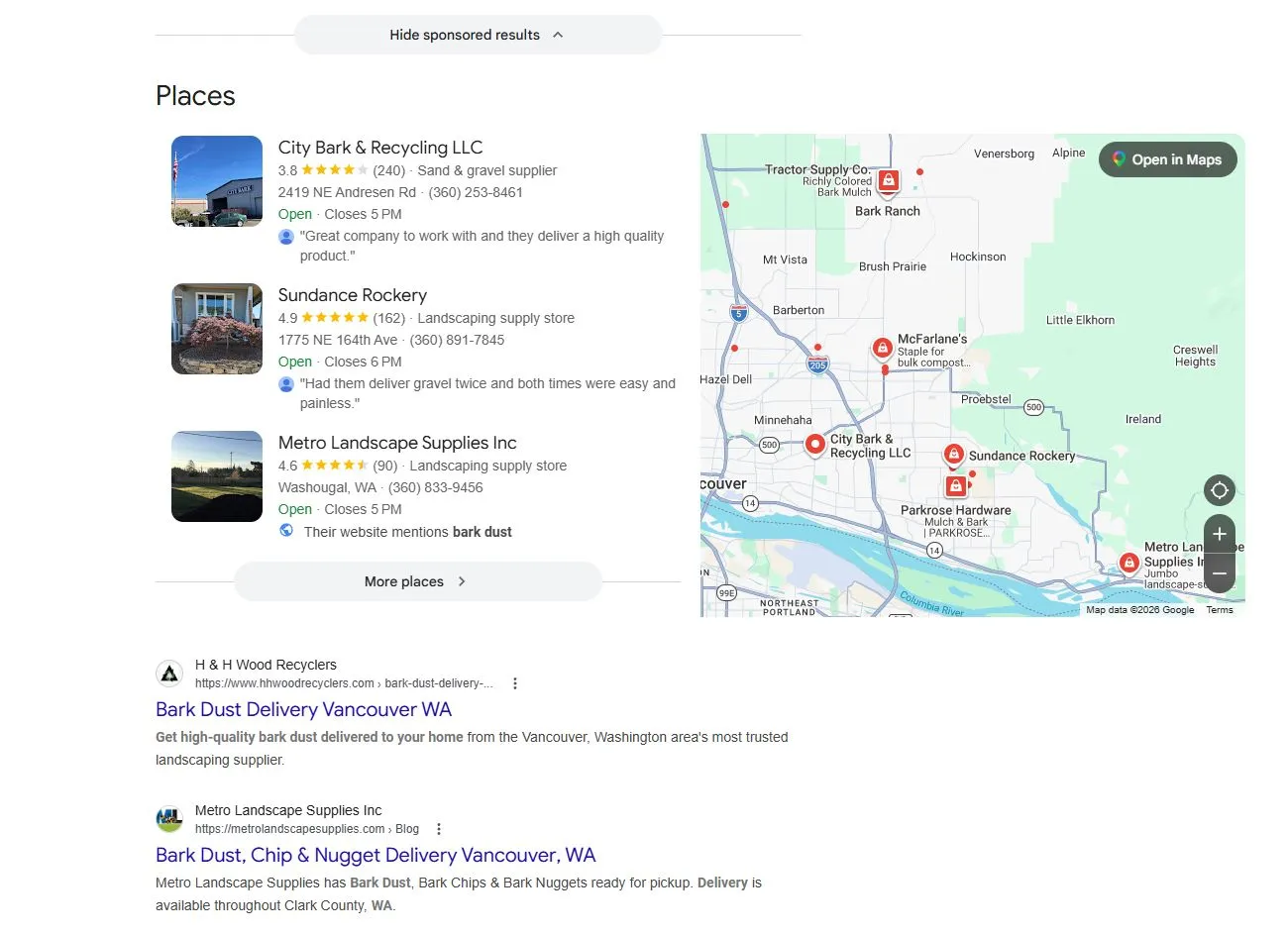 Google search results for 'bark dust delivery' showing Metro Landscape Supplies in the Local Map Pack and ranking organically with their Bark Dust, Chip & Nugget Delivery landing page