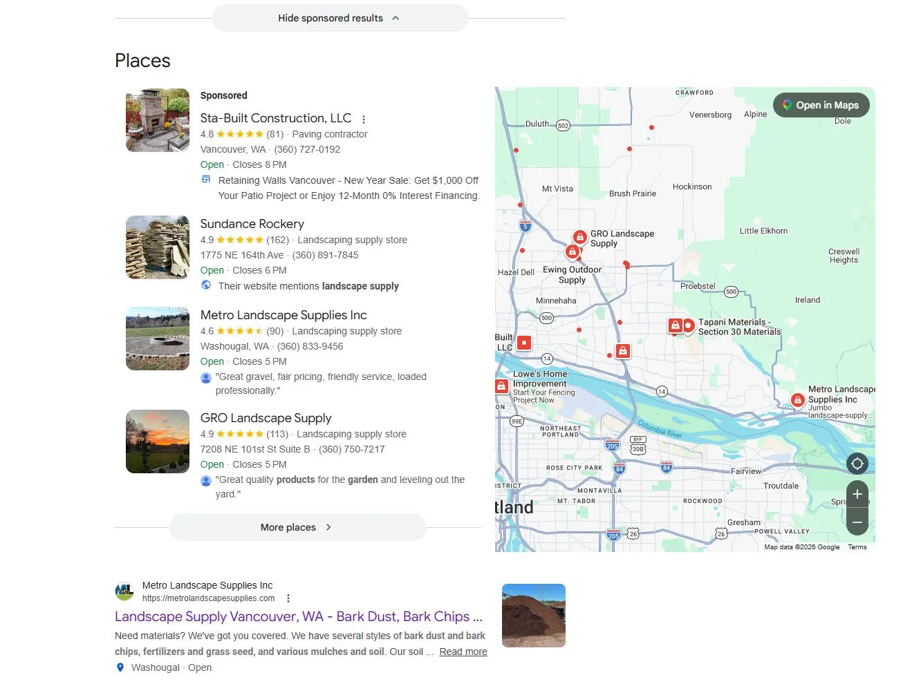 Google search results for 'landscape supplies' in the Vancouver, WA area showing Metro Landscape Supplies in the Local Map Pack with 4.6 stars and 90 reviews, plus a featured organic result
