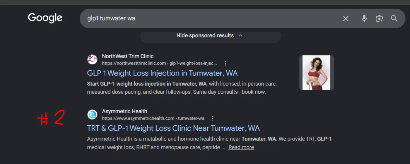 Google results for GLP-1 Tumwater WA with the Asymmetric Health Tumwater city page ranked number 2 organically