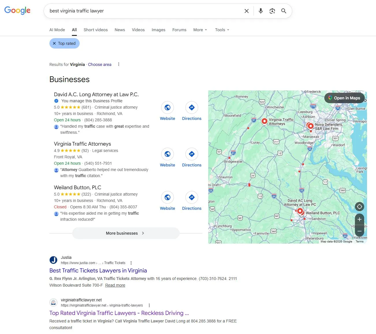 Google search results for 'best virginia traffic lawyer' with the Top Rated filter active, showing David A.C. Long Attorney at Law P.C. as #1 in the Local Map Pack and virginiatrafficlawyer.net as an organic result on the same page