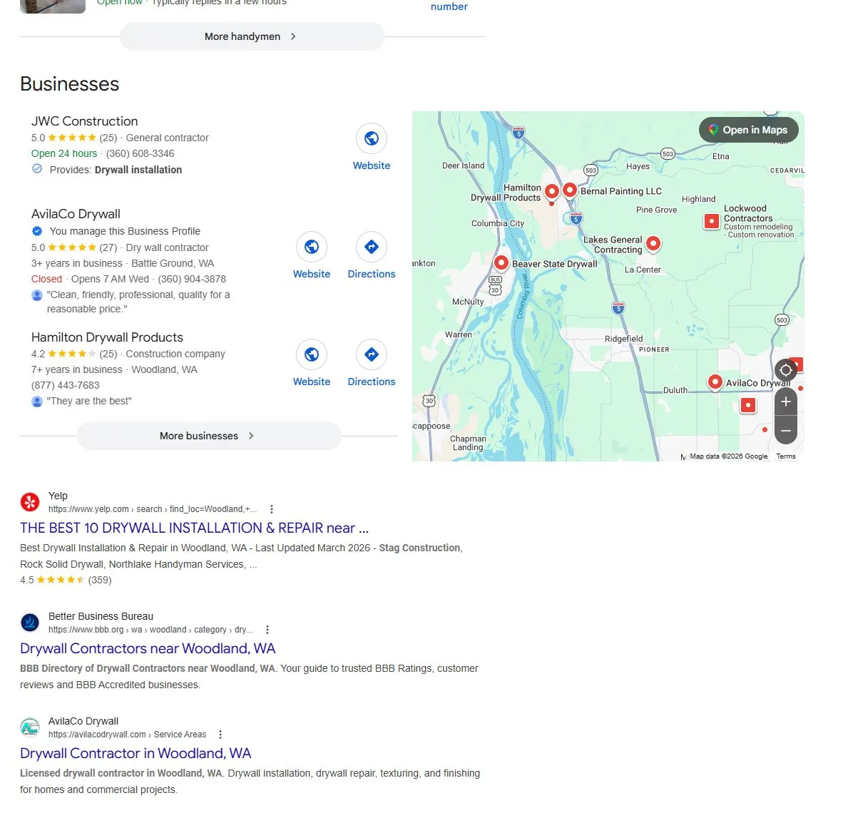 Google search results for 'drywall contractor Woodland WA' showing AvilaCo Drywall in the local Map Pack with 5.0 stars and 27 reviews