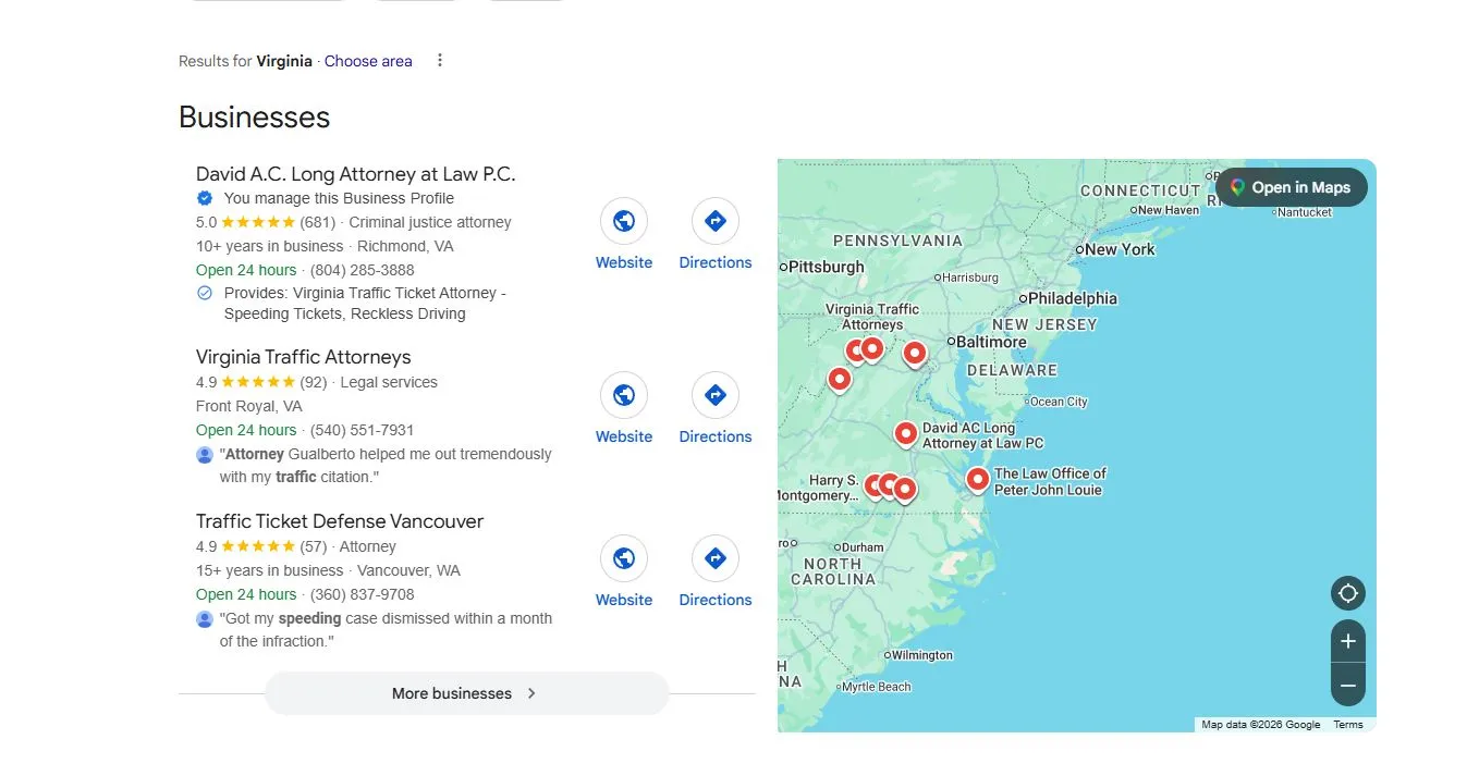 Google search results for 'virginia traffic lawyer' showing David A.C. Long Attorney at Law P.C. as #1 in the Local Map Pack with 5.0 stars and 681 reviews