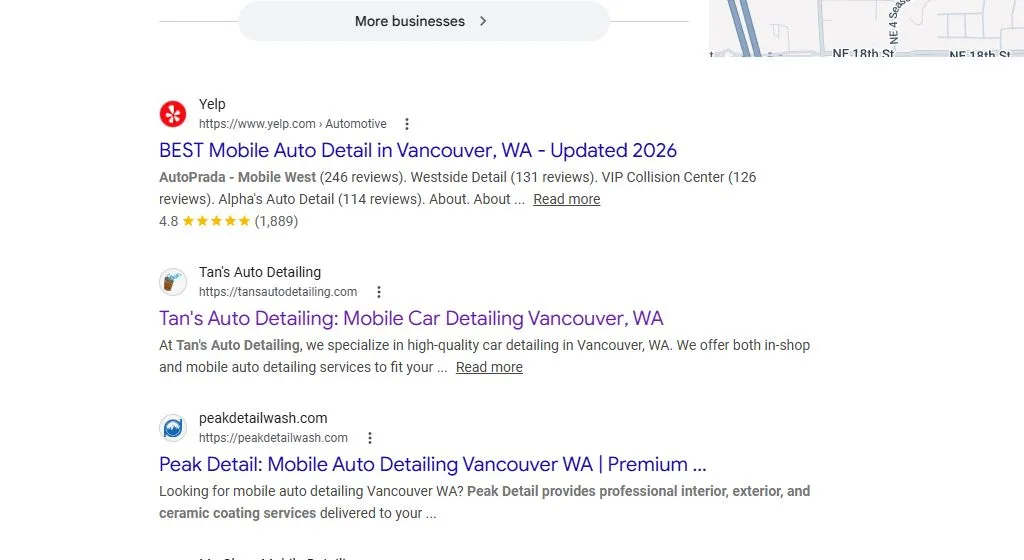 Google search results for 'mobile detailing vancouver wa' showing Tans Auto Detailing as the first actual business website in the organic results, above Peak Detail