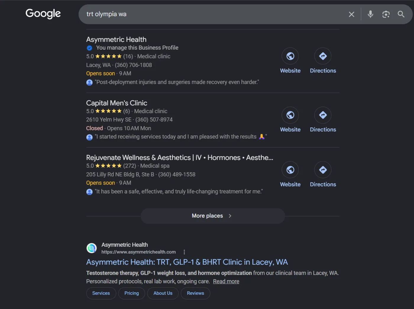 Google results for TRT Olympia WA: Asymmetric Health first in the local pack of medical clinics with its organic listing directly below