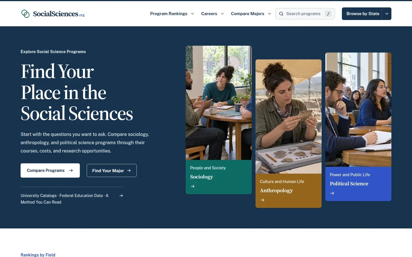 SocialSciences.org homepage with sociology, anthropology, and political science panels under the headline Find Your Place in the Social Sciences