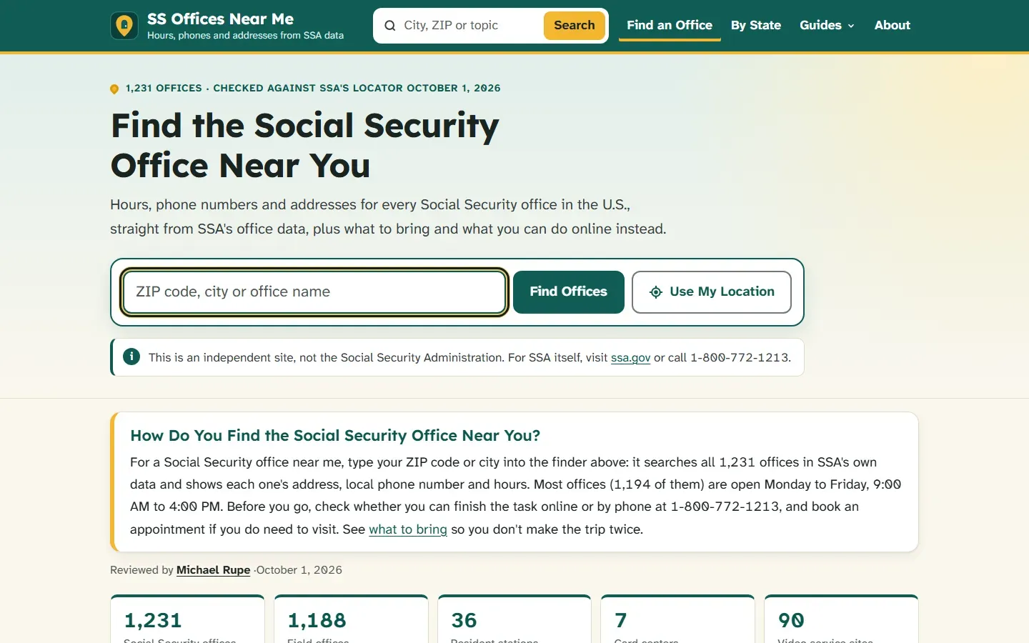 Social Security Offices Near Me homepage with the headline Find the Social Security Office Near You, a ZIP code finder, an independent-site notice, and counts of 1,231 offices and 1,188 field offices