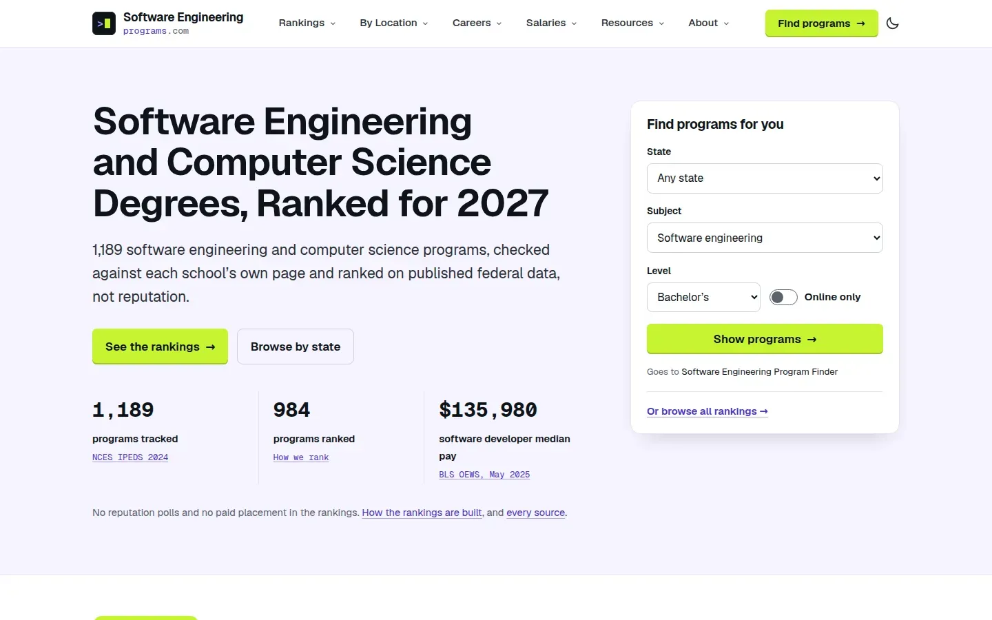 Software Engineering Programs homepage with a program finder, 1,189 programs tracked, 984 ranked, and a software developer median pay figure