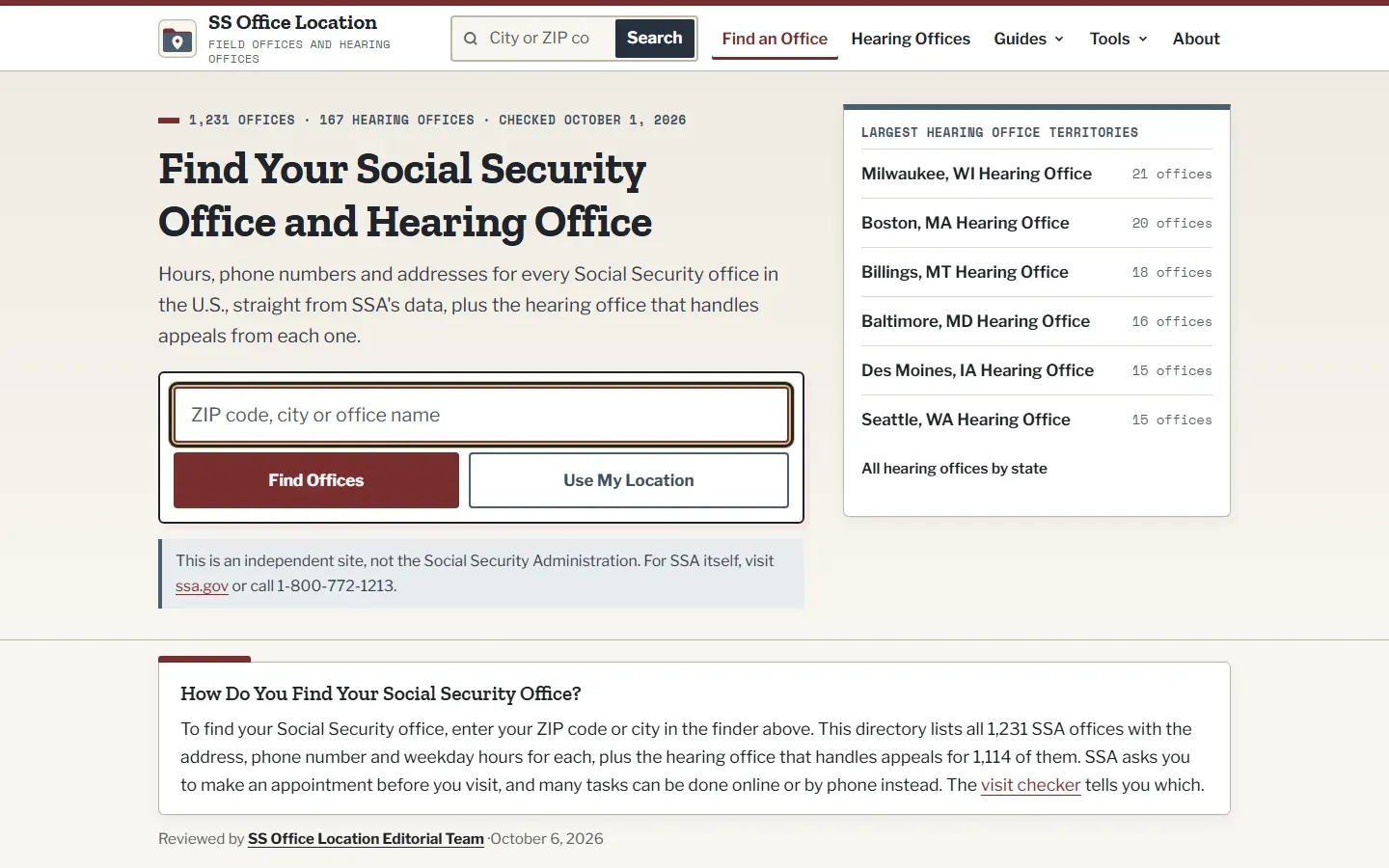 SS Office Location homepage with the headline Find Your Social Security Office and Hearing Office, a ZIP code finder, and a panel listing the largest hearing office territories led by Milwaukee with 21 offices