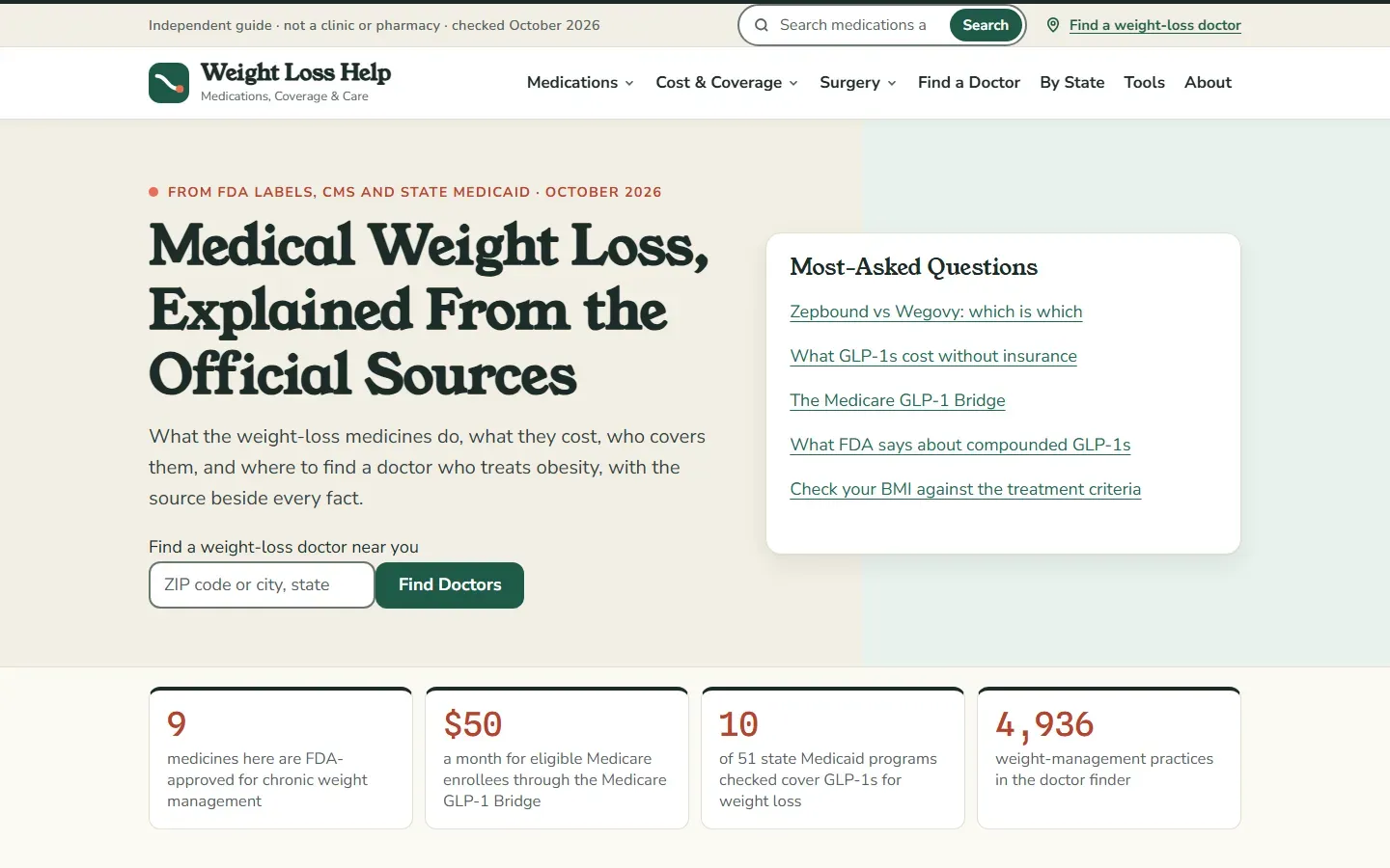 Weight Loss Help homepage with the headline Medical Weight Loss, Explained From the Official Sources, a ZIP code doctor search box, a Most-Asked Questions panel, and figures for 9 FDA-approved medicines, the $50 Medicare GLP-1 Bridge, 10 of 51 Medicaid programs and 4,936 practices