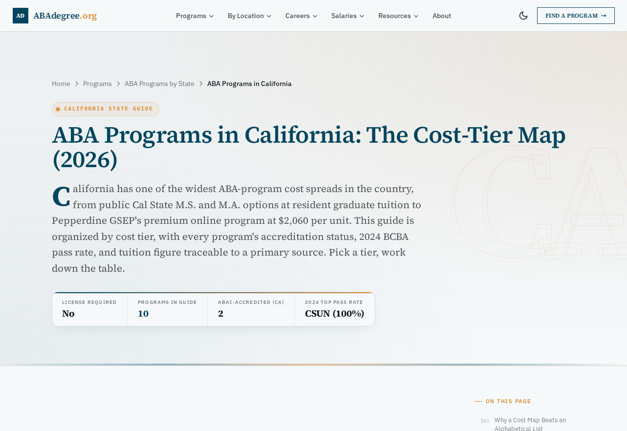 ABAdegree.org California state page headlined ABA Programs in California, The Cost-Tier Map 2026, with program count and pass-rate stat cards