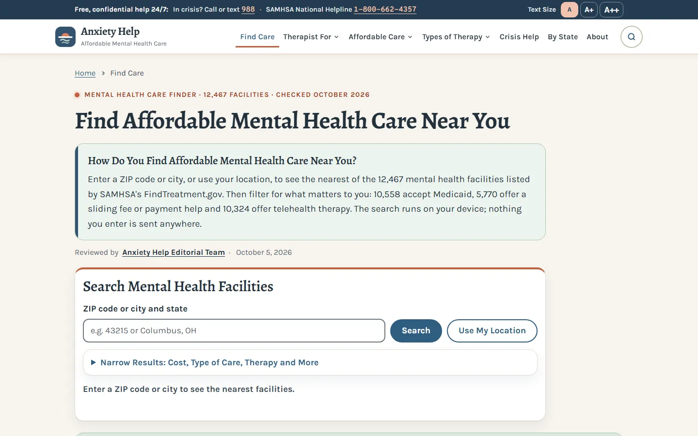 Find Affordable Mental Health Care Near You page with counts of 12,467 facilities, 10,558 accepting Medicaid, 5,770 offering a sliding fee and 10,324 offering telehealth, above a ZIP code search